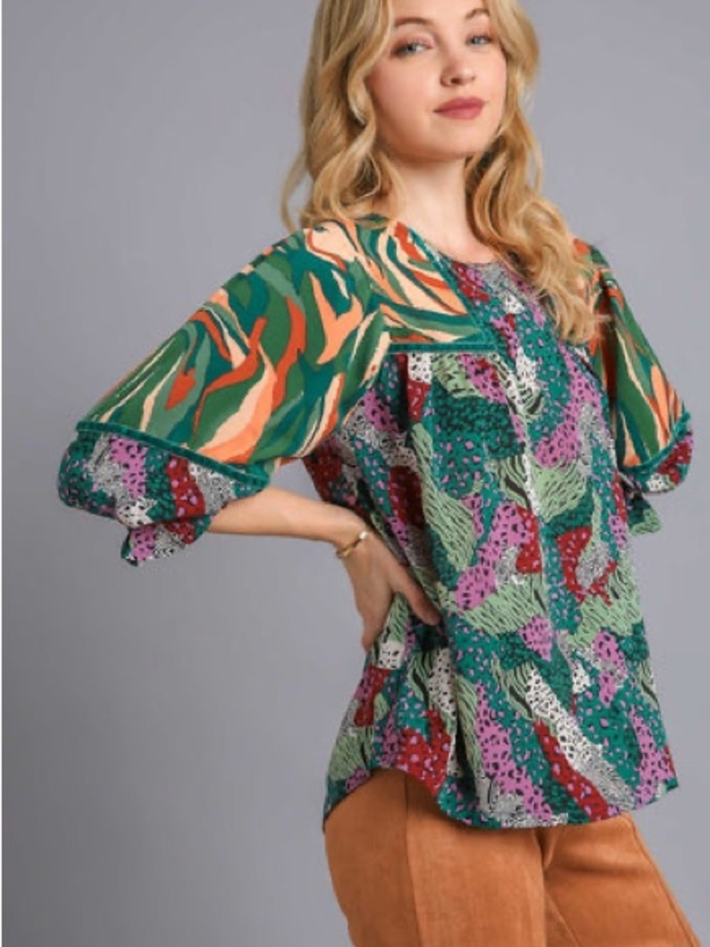 UMGEE Mixed Printed Green Multi-Color Blouse With Velvet Details Size M
